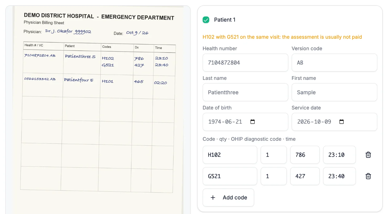 SnapBill clerk review: an emailed handwritten ED sheet beside the patients, fee codes and diagnostic codes read from it